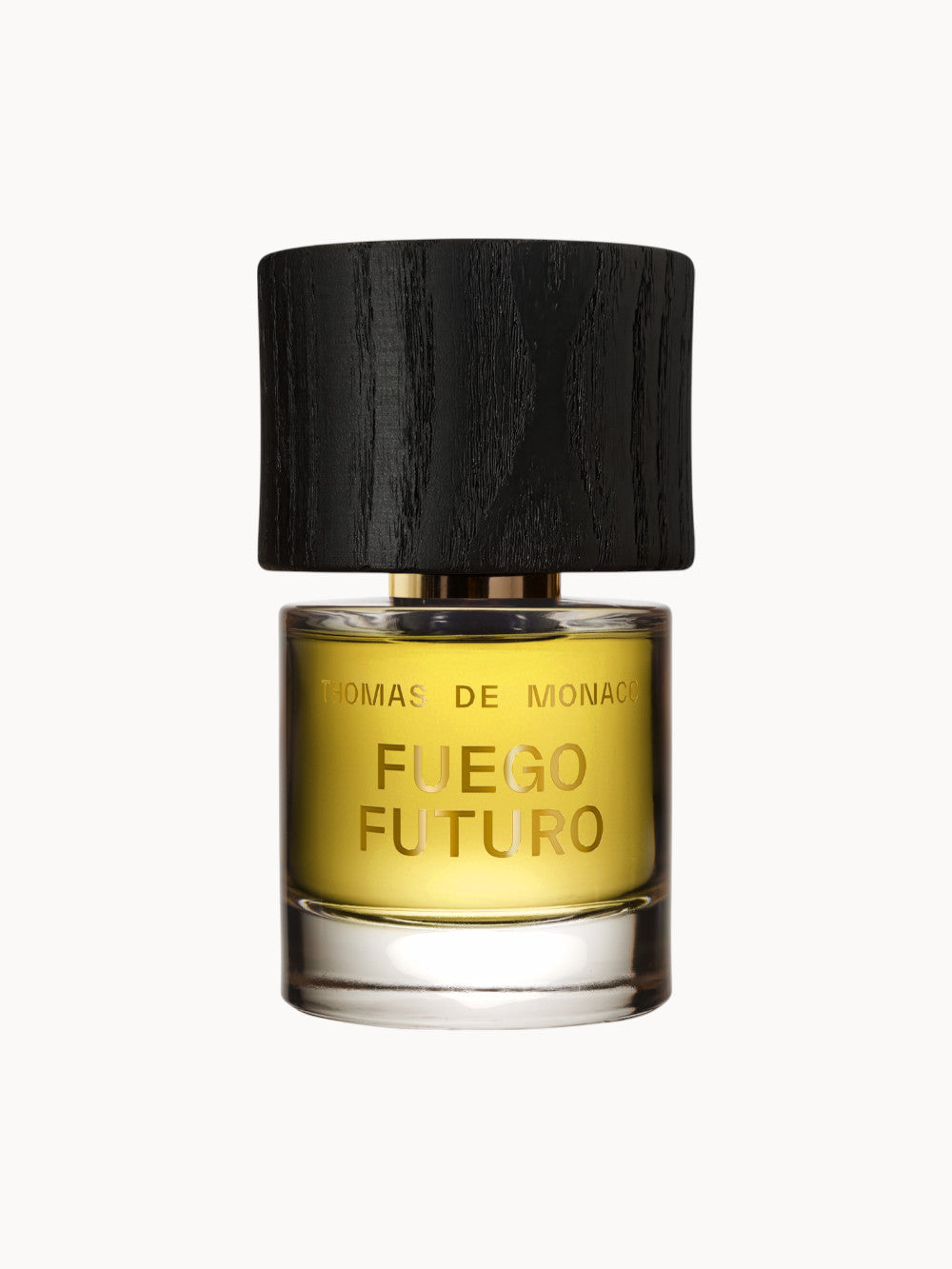 Thomas de Monaco Fuego Futuro Parfumflakon – luxuriöses Nischenparfum mit gelblichem Duftinhalt und schwarzem Holzverschluss, modern und elegant gestaltet.