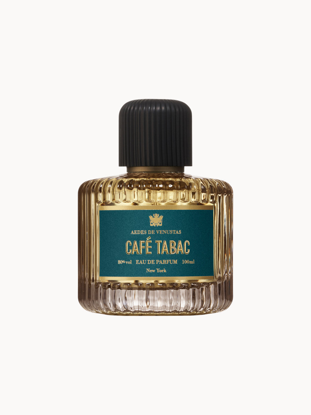 Flakon des AEDES DE VENUSTAS Café Tabac Eau de Parfum – luxuriöser Duft in einem eleganten, geriffelten Glasflakon mit grün-goldenem Etikett und schwarzem Verschluss.