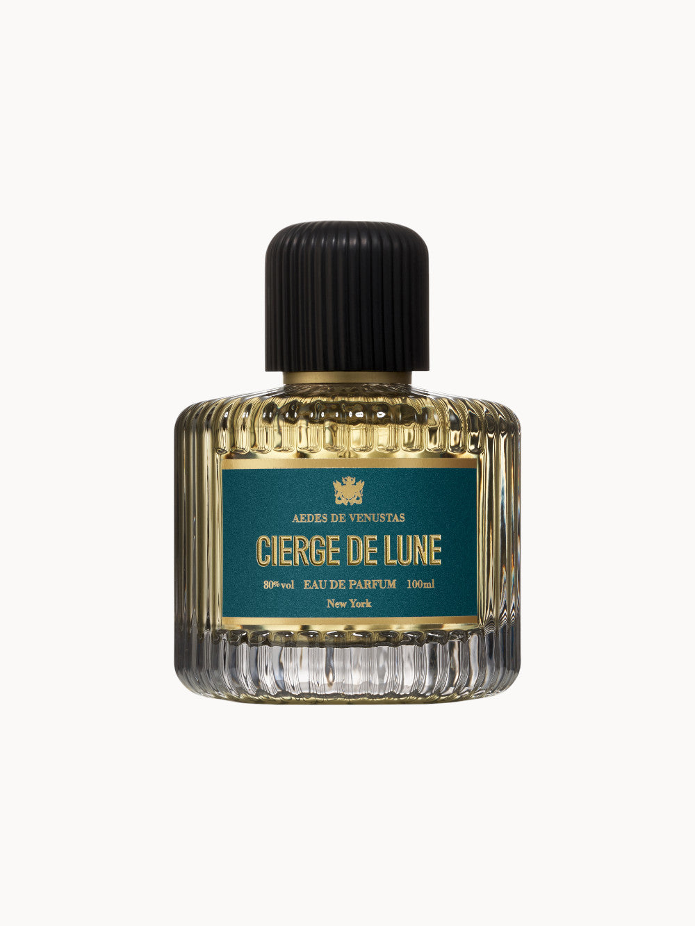Flakon des AEDES DE VENUSTAS CIERGE DE LUNE Eau de Parfum – 100 ml – luxuriöses, geriffeltes Glas mit dunkelgrünem Etikett, goldener Schrift und elegantem schwarzen Verschluss.