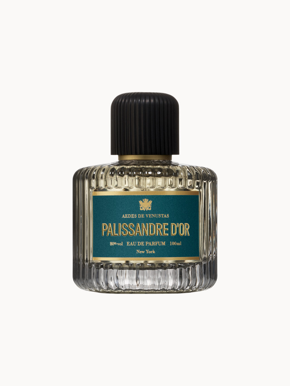Flakon des Aedes de Venustas Palissandre d’Or Eau de Parfum – edles, geripptes Glas mit peacockblauem Etikett und schwarzem Verschluss, 100ml