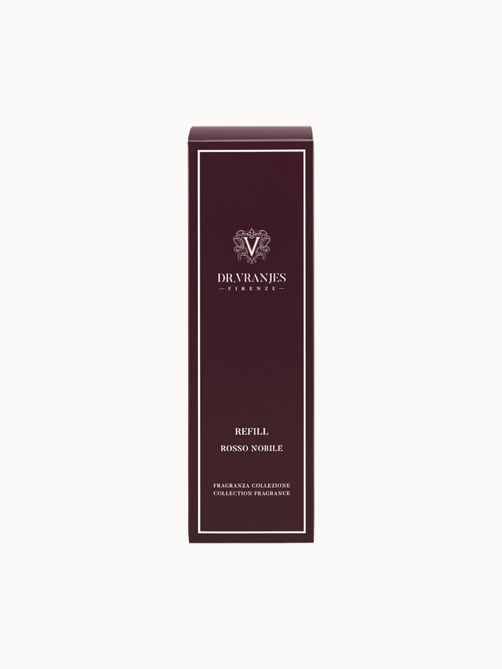 Dr. Vranjes Firenze Rosso Nobile Refill – luxuriöse Nachfüllpackung für Raumduft in bordeauxfarbener Box mit weißem Logo und eleganter Umrandung.