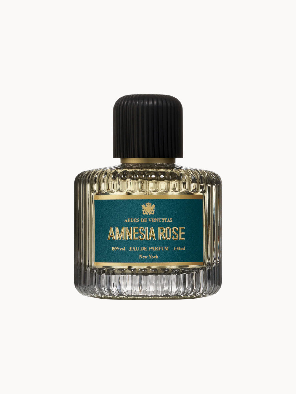 AEDES DE VENUSTAS AMNESIA ROSE Eau de Parfum – eleganter Glasflakon mit pfauenblauem Etikett und mattschwarzem Verschluss, 100 ml.