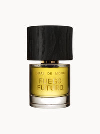 Thomas de Monaco Fuego Futuro Parfumflakon – luxuriöses Nischenparfum mit gelblichem Duftinhalt und schwarzem Holzverschluss, modern und elegant gestaltet.