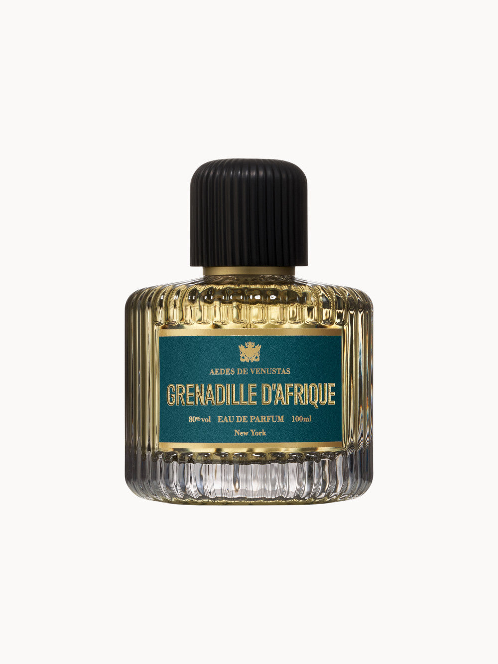 Flakon von GRENADILLE D’AFRIQUE Eau de Parfum von AEDES DE VENUSTAS – luxuriöser Duft im geriffelten Glasflakon mit grün-goldenem Etikett.