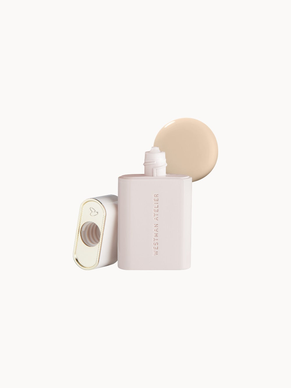 Westman Atelier Vital Skincare Complexion Drops in der Farbe Atelier 0.5, mit geöffnetem Pumpspender und Deckel, daneben ein Klecks der flüssigen Foundation
