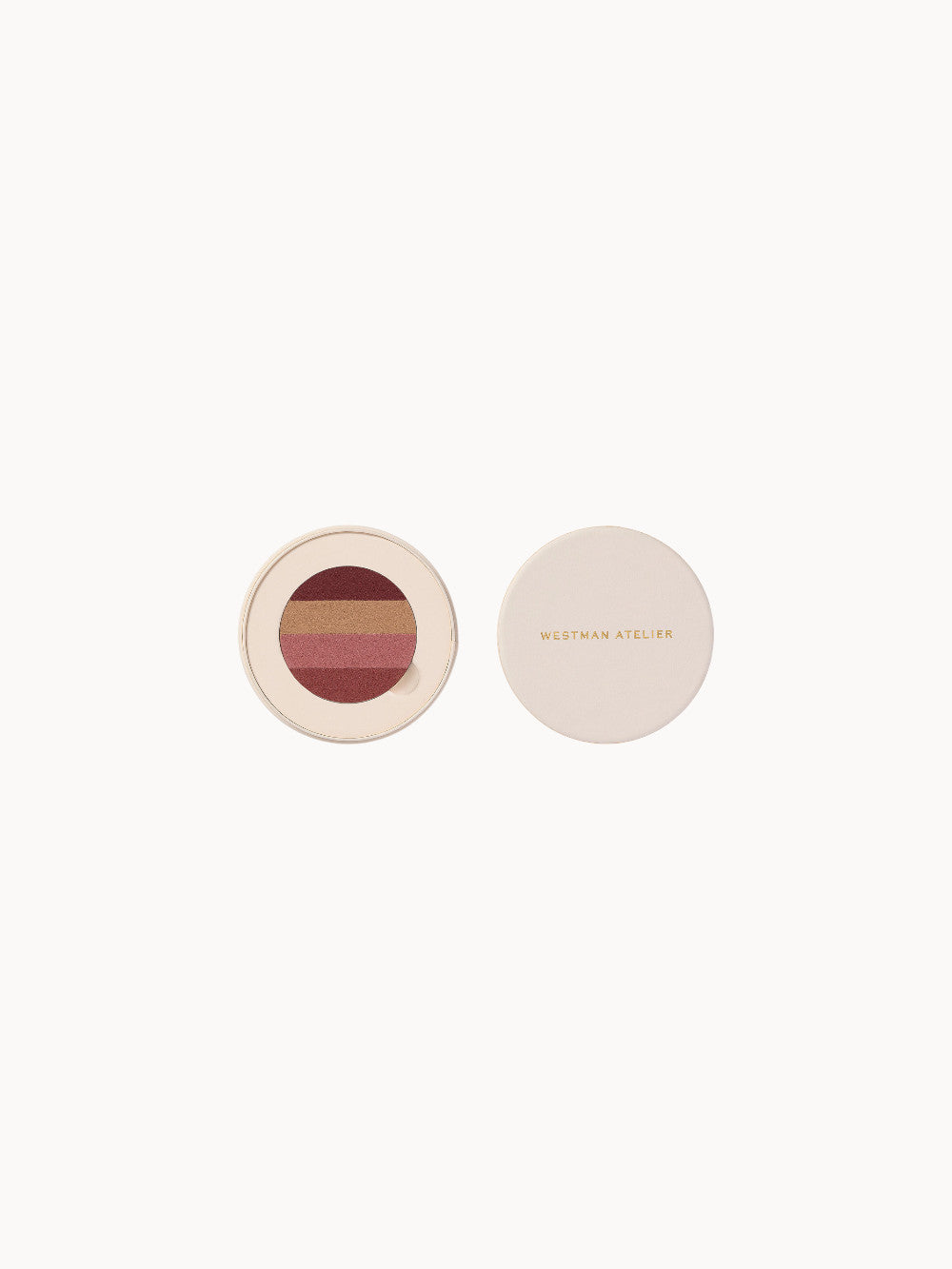 Westman Atelier Lip Suede Les Nudes Refill – Lippenpalette mit vier Nude-Tönen in luxuriöser cremefarbener Dose, geöffnet und geschlossen.